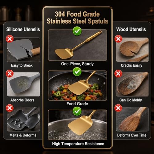 304 Stainless Steel Small and Large Spoons Set, Gold Cooking Utensils Set 12 PCS All Metal Kitchen Tools, stainless steel cookware set -Whisk, Fork, Tongs, Turner, Ladle, Spatula，Skimmer, Pasta - Image 3