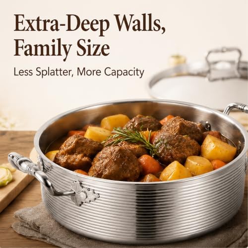 Inqibee 7 QT Stainless Steel Braiser Rondeau Pot with Lid, Riveted Handle - Image 3