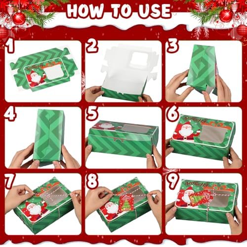 Zhanmai 64 Pcs Christmas Treat Boxes with Window Holiday Kraft Bakery Christmas Cookie Gift Boxes Xmas Pastry Food Containers with Ribbons DIY Tags for Party Favor Gift Giving(Classic) - Image 4