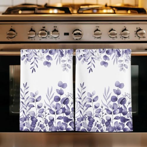 Purple Eucalyptus Kitchen Towels Set of 4, Absorbent Dish Towels for Kitchen, Botanical Summer Leaves Country Floral Microfiber Hand Towel, Quick Drying Tea Towel for Cleaning Decorative Dishcloths by Unknown