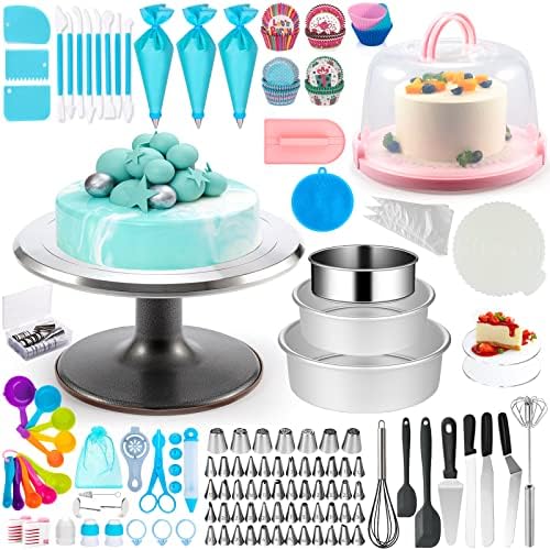 Aluminum Alloy Revolving Cake Stand & Carrier - 268PCS Kit with 54 Piping Tips, Acrylic Cake Discs, Various Spatulas by ToyBasics
