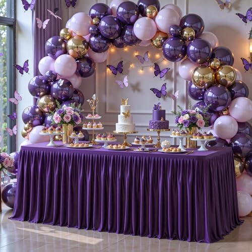 PARTISKY 1 Pack Purple Tablecloths for Rectangle Tables 8ft, Wrinkle Resistant Spandex Table Cover Fitted Stretch Table Cloth with Pleated Ruffle Skirts for Party Banquet Dining Birthday Wedding - Image 6