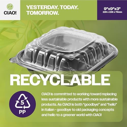 CIAO! 9"x9"x3" Polypropylene Black bottom with Clear Lid Hinged Container 1 Compartment Take Out Container, Microwavable, Recyclable and Reusable, (Case of 150) - Image 3