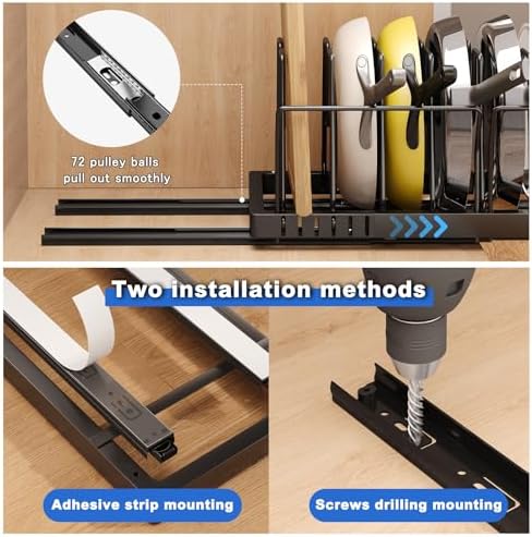 Mustorn 2 Pack Pots and Pans Organizer Under Cabinet, 21.6" Deep Pull Out Pot Lid Organizer Holder with Guardrail Adhesive Pot and Pan Holder Rack with 10 Adjustable Dividers(Black) - Image 3