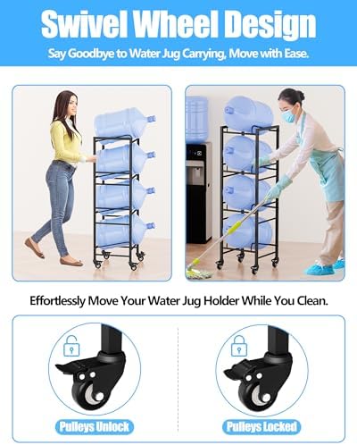 4 Tier 5 Gallon Water Jug Holder with 4 Lockable Wheels - Water Bottle Rack Organizer with Movable Casters, Heavy Duty Water Storage Rack Dispenser Stand for Kitchen Office Garage/Black - Image 2