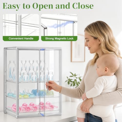 Reinforced Baby Bottle Organizer 3 Tier Baby Bottle Storage Organizer Clear Bottles Station for Countertop Double Magnetic Door Acrylic Large Bottles Container Cabinet Bin for Pacifiers,Pump X-Large - Image 5