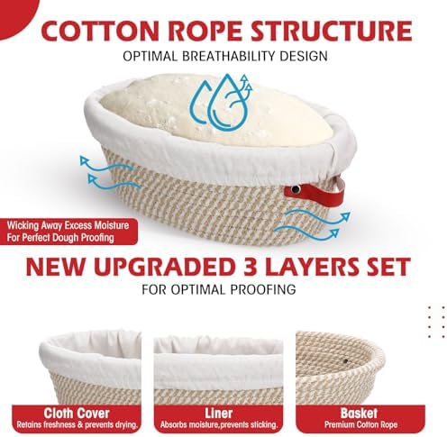 Gejoy 6 Set Cotton Rope Banneton Bread Proofing Basket with Cloth Liner and Plastic Scraper Banneton Dough Sourdough Proofing Bowls Kit for Home Sourdough Bakers (Round, Oval, 9'', 10'') - Image 5
