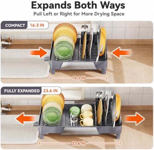 Urackify Large Dish Drying Rack, Expandable Dish Drainer, Gray - Image 2