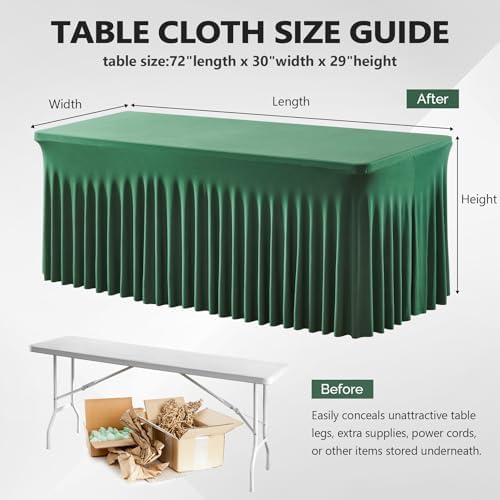 Wish Care 6 Pack Hunter Green Spandex Table Clothes for 6 Foot Rectangle Tables, 6FT Wrinkle Free Fitted Tablecloths Ruffles Design Table Cover for Party, Banquet, Wedding and Events - Image 3