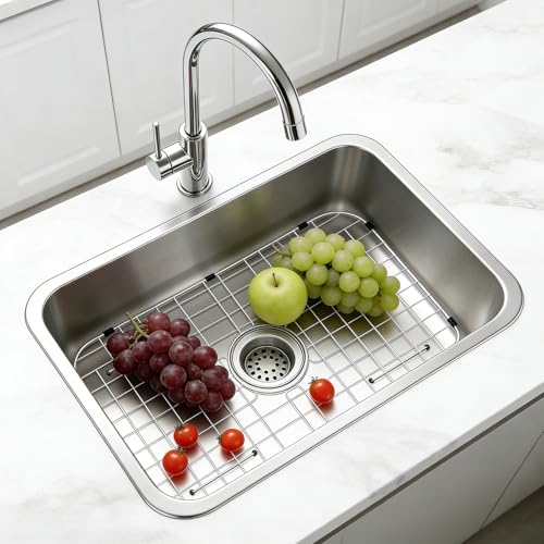GUUKIN Sink Protectors for Kitchen Sink Bottom, 26" x 14"Stainless Steel Sink Protector with Center Drain Hole, Sink Rack with Extra Replacement White Rubber Feet - Image 5