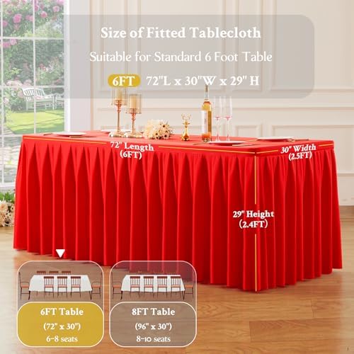 4 Pack Red Rectangle Tablecloth 6 FT Stretch Spandex Fitted Table Cloth for 6 Foot Rectangle Tables Banquet Tablecloths Wrinkle Free Table Cover Skirt Ruffle Tablecloth for Party Wedding Birthday - Image 5