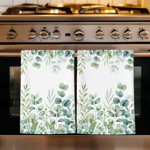 Green Eucalyptus Kitchen Towels Set of 3, Absorbent Dish Towels for Kitchen, Botanical Summer Leaves Country Floral Microfiber Hand Towel, Quick Drying Tea Towel for Cleaning Decorative Dishcloths by Unknown