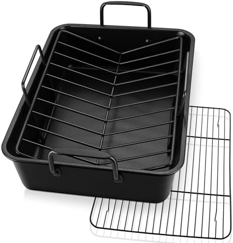 P&P CHEF 16" Roaster Roasting Pan with Baking Rack and V-shaped Rack, Stainless Steel Rectangular Lasagna Pan with Handles for Turkey Chicken, Healthy & Dishwasher Safe, 3 Pieces, Black by PPCHEF