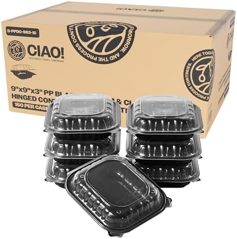 CIAO! 9"x9"x3" Polypropylene Black bottom with Clear Lid Hinged Container 1 Compartment Take Out Container, Microwavable, Recyclable and Reusable, (Case of 150) by Ciao