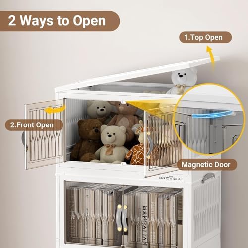 BROVIEW 240Qt Stackable Storage Bins with Lid, Extra Large Closet Organizer Collapsible Drawer Boxes with Wheels, Folding Plastic Cabinet Containers for Home Kitchen Room Organization, 3Pack White - Image 3
