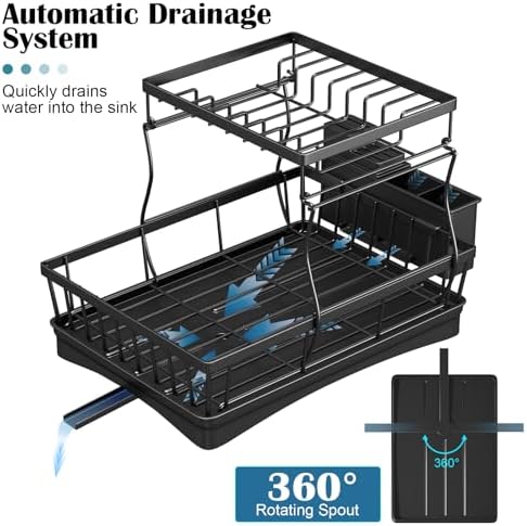 2 Tier Dish Drainer Rack for Kitchen Counter - Space-Saving Dish Rack with Utensil Holder, Large Capacity Dish Drying Rack with Draining Board, Black - Image 6