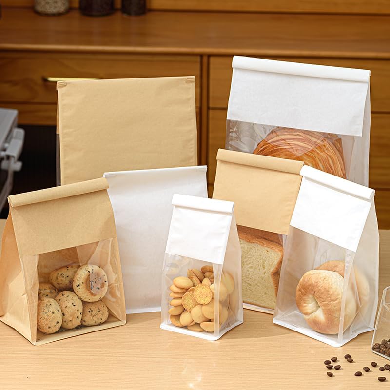 Paper Bakery Bags with Window, Kraft and White, Roll Top Closure, Food Storage for Bread Cookies Snacks (100, Kraft, Large) - Image 4