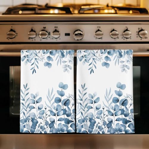 Blue Eucalyptus Kitchen Towels Set of 4, Absorbent Dish Towels for Kitchen, Botanical Summer Leaves Country Floral Microfiber Hand Towel, Quick Drying Tea Towel for Cleaning Decorative Dishcloths by Unknown