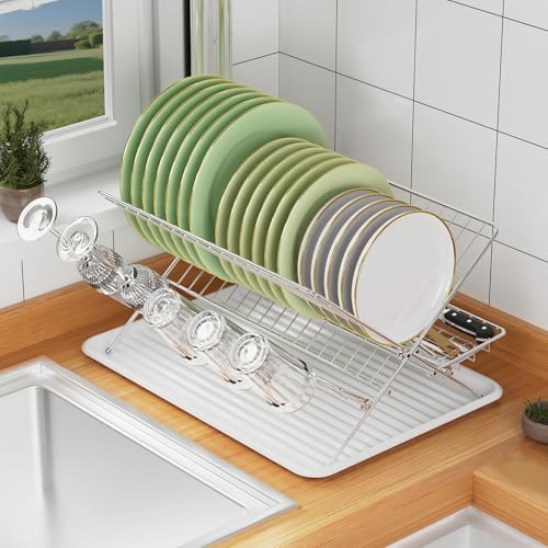 Dish Rack with Drip Tray, Stainless Steel 3-Tier Collapsible Drainer Dish Drying Rack for Kitchen Counter, Sink, Countertop,Cutlery, Dishes Utensils Flatware Holder Set, Reversible Cup Draining Rack by TABABAO