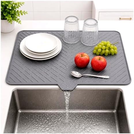 Silicone Dish Drying Mat for Kitchen Counter – 23x17 Inch, Heat Resistant, Non-Slip, Built-in Drain Lip, Protects Countertop, Prevents Water Build up, Quick Dry, Easy to Clean Dish Drainer Mat by HIRNAYA