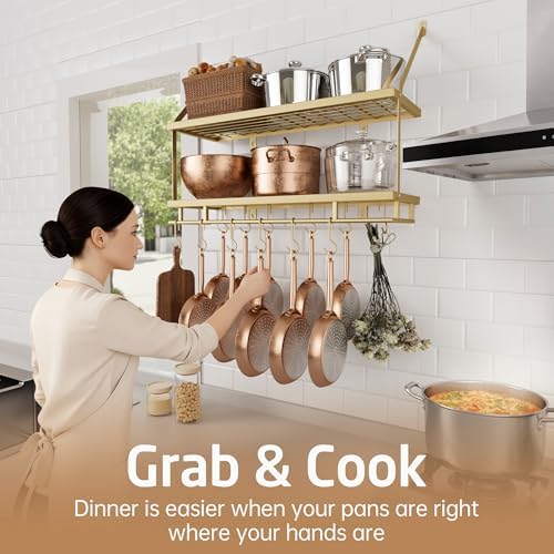 KES 30-Inch Gold Pot Rack Wall Mount, 2-Tier Hanging Pot and Pan Organizer | Organizer with 12 Sturdy Hooks, Elegant Modern Kitchen Wall Hanger Shelves, KUR215S75B-GD - Image 7