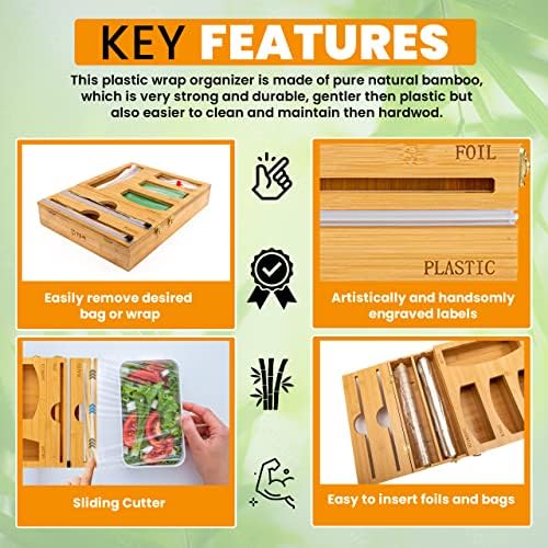 T3-R Bamboo Wrap Organizer - 6-in-1 Dispenser with Cutter for Sandwich Bags, Aluminum Foil, Wax Paper and Plastic Wrap - Image 3