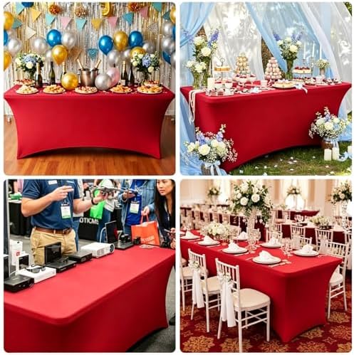 Red Spandex Tablecloth 6 Pack, 8FT Fitted Stretch Table Cloth with Reinforced Foot Pockets for 96 x 30 x 30 Inch Rectangle Tables, Washable Table Covers for Trade Shows, Weddings, Parties - Image 4