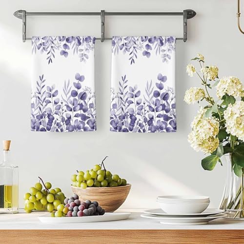 Purple Eucalyptus Kitchen Towels Set of 3, Absorbent Dish Towels for Kitchen, Botanical Summer Leaves Country Floral Microfiber Hand Towel, Quick Drying Tea Towel for Cleaning Decorative Dishcloths - Image 3