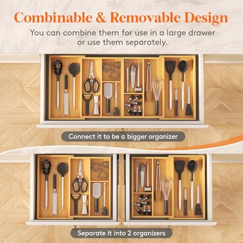 Lifewit Expandable Utensil Organizer for Kitchen Drawer, Cutlery Holder | Adjustable Cooking Silverware Tray, Bamboo Flatware Spatula Tools Gadgets Storage Divider, 21-36 x 16", Natural - Image 3