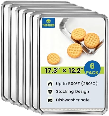 BIEAMA 6 Pack Stainless Steel Toaster Oven Baking Sheets, 17.3 x 12.2 in | Stainless steel pans with no chemical coating, mirror-polished finish and rolled edges; dishwasher safe, oven safe to 500°F. by BIEAMA