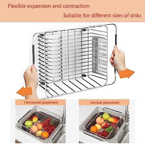 NiuYichee Stainless Steel Dish Drying Rack(15" L X 12.6" W X 4.7" H), Expandable Fruit & Vegetable Drain Rack Over Sink, Dish Drainer Rack in Sink, with Utensil Holder & Silicone Mat(16") - Image 5