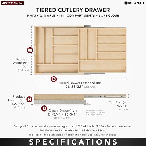 Rev-A-Shelf Maple Two-Tier Cutlery Replacement Drawer System w/BLUM Soft-Close for Face Frame Base Kitchen Cabinets, Kitchen Drawer Organizer, Min Opening Width of 21", 4WTCD-24HSC-1 - Image 6