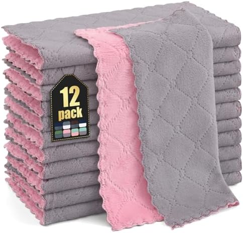Homaxy 12 Pack Super Soft Dish Cloths, 10" x 10", Grey & Pink by Homaxy