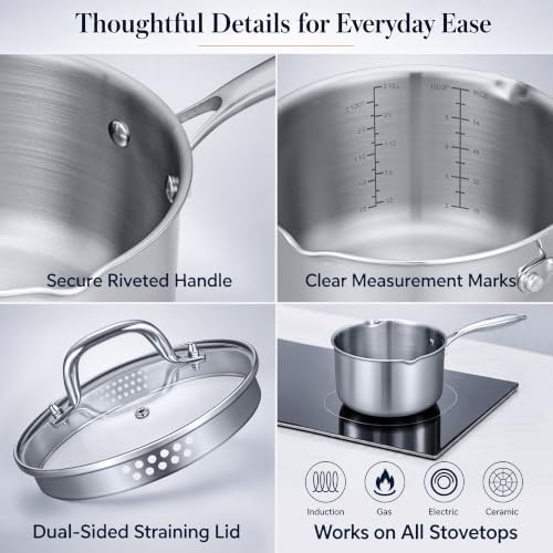 Cyrosa 2.5 Quart Saucepan with Lid, Stainless Steel Sauce Pot with Strainer Lid, Two Side Spouts for Easy Pour with Ergonomic Handle, Dishwasher Safe - Image 4