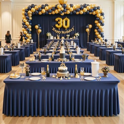 6 Pack Navy Blue Spandex Table Covers & Table Skirt for 6FT Rectangle Tables - Fitted 6 Foot Stretch Fabric Tablecloth with Pleats, Wrinkle Free for Weddings, Parties, Craft Fairs & Folding Tables - Image 3