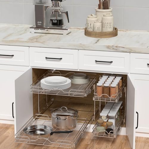 OCG 2 Tier Pull Out Cabinet Organizer (21.5" W x 18" D), Pull Out Shelves for Kitchen Cabinets, Slide Out Pantry Shelves for Base Cabinet Organization in Kitchen Bathroom Pantry, Chrome Finish - Image 3