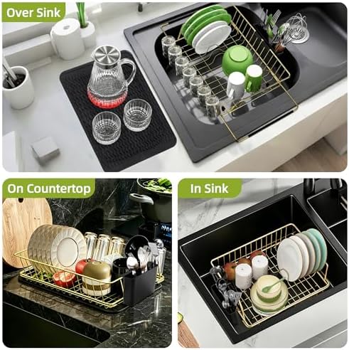 Dish Drying Rack-Large Stainless Steel Dish Drainer Over The Sink for Kitchen Countertop with Utensil Holder and Silicone Drying Mat(Gold, in Sink, 24.2'*13.2') - Image 4
