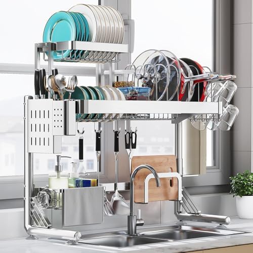 Upgrade 3 Tier Over Sink Dish Drying Rack Adjustable Width by Shrivee