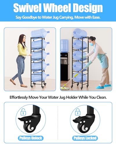5 Gallon Water Jug Holder, Movable 5 Tier Heavy Duty Water Rack with 4 Wheels, Rack for Water Jug Storage, Space Saving Water Stand for Five 5 Gallon Water Jugs, Black - Image 2