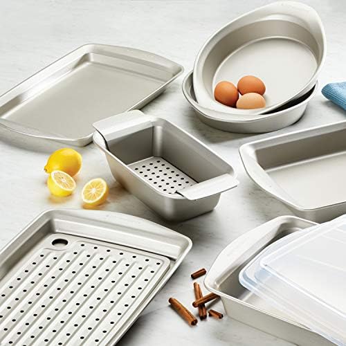 Rachael Ray Nonstick Bakeware Set without Grips includes Nonstick Baking Pan with Lid and Muffin Pan / Cupcake Pan - 3 Piece, Silver - Image 3