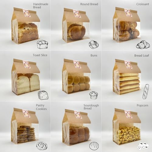 BIUBIU 100ct 8.7×4.3×11inch Thicker Large Bread Bags for Homemade with Window, Twist Tie & Sticker Label - Ideal for Sourdough Bread, Loaf, Bakery, Pastry & Baked Goods, Brown Paper & Flat Bottom - Image 2
