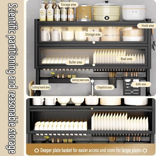 Large 3-Tier Over Sink Dish Drying Rack with Flip-top Door,Kitchen Counter Utensil Holder Organizers Space-Saving,Multifunctional Metal Counter Shelf,for Plates Bowl(Black,85cm/33.5in) - Image 5
