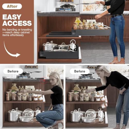 Seinloes 4 Pack Pull Out Cabinet Organizer Expandable Width(15"-25") and Depth(17"-24"),Slide Out Drawers With Raising Pad for Framed Cabinets,No Drill Roll Out Shelves for Kitchen,Bathroom,Black - Image 4