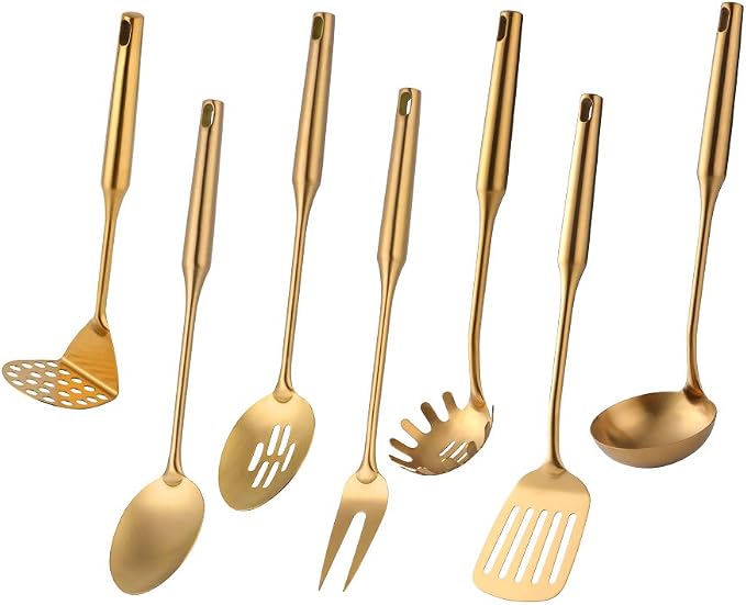 Gold Kitchen Utensil Set - 7 Pcs 304 Stainless Steel Cooking Utensils with Round Handles, Titanium Plated Cookware Tools, Including Spatula Ladle Spoon Fork, Kitchen Gadgets for Home Cooking by Unknown
