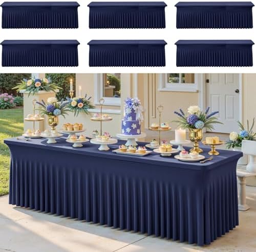 6pack Navy Blue Spandex Tablecloths 8ft for Rectangle Tables, Wrinkle Free Classy Table Skirt Stretchy 8 Foot Fitted Table Cloths Covers for Weddings Birthday Party Events Banquette Baby Shower by CO-AVE