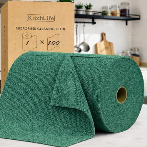 KitchLife Microfiber Cleaning Cloth Roll, 100 Pack - Tear-Away Microfiber Paper Towels, Lint-Free, Reusable, Washable for Kitchen, Car, Dishes, and Sensitive Surfaces (Forest Green) by OverDoorHooksKitchenSupplies