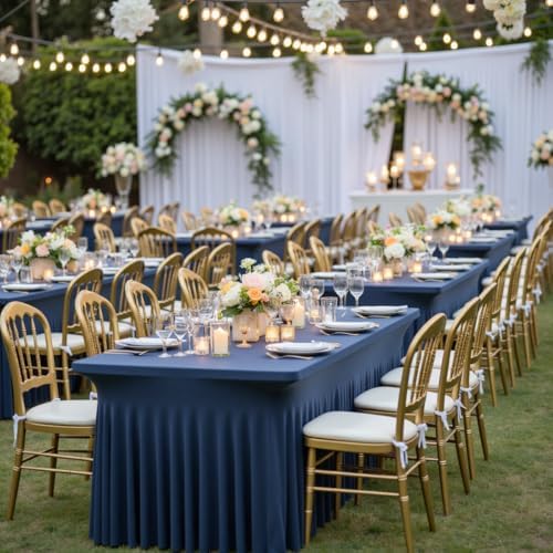 leegleri 6 Pack Navy Blue Spandex Tablecloths for 8 Foot Rectangle Tables, Wrinkle Free Fitted Table Cloths 8ft Stretchy Table Cloth Cover with Skirt for Parties Weddings Birthday Banquet Baby Shower - Image 2