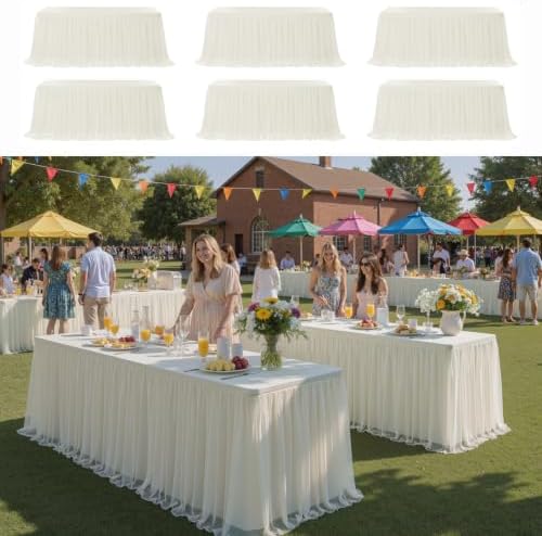 CO-AVE 6pack Ivory Tulle Tablecloth for 8ft Rectangular Tables, 2-in-1 Elastic Stretch Spandex Cover with Tutu Ruffle Skirt, Wrinkle Free for Wedding, Birthday, Banquet, Buffet, Bridal Shower by CO-AVE