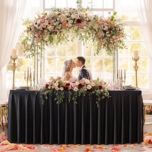 6 Pack Black Rectangle Tablecloth 8 FT Stretch Spandex Fitted Table Cloth for 8 Foot Rectangle Tables Banquet Tablecloths Wrinkle Free Table Cover Skirt Ruffle Tablecloth for Party Wedding Birthday - Image 2