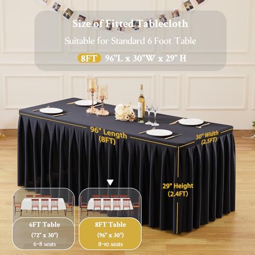 2 Pack Black Rectangle Tablecloth 8 FT Stretch Spandex Fitted Table Cloth for 8 Foot Rectangle Tables Banquet Tablecloths Wrinkle Free Table Cover Skirt Ruffle Tablecloth for Party Wedding Birthday - Image 5